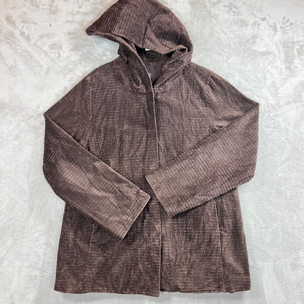 Eileen Fisher Brown Corduroy Hooded Snap Front Jacket‎ Coat Women's Size Medium